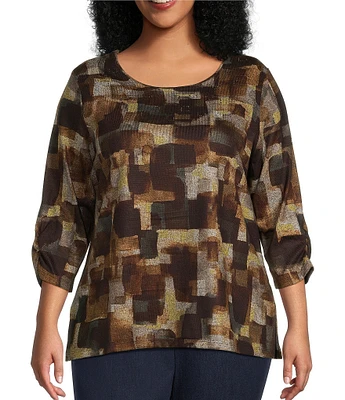 Allison Daley Plus Size Abstract Watercolor Check Print Embellished 3/4 Ruched Sleeve Crew Neck Abstract Tee Shirt