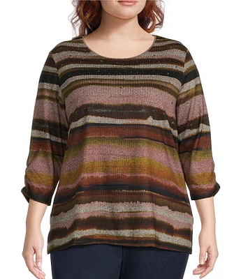 Allison Daley Plus Size Watercolor Stripe Print Embellished 3/4 Ruched Sleeve Crew Neck Abstract Tee Shirt