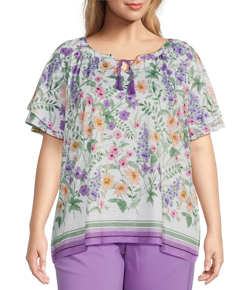 Allison Daley Plus Size Wildflower Border Print Flutter Sleeve Tassel Tie Neck Knit Top