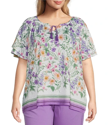 Allison Daley Plus Size Wildflower Border Print Flutter Sleeve Tassel Tie Neck Knit Top