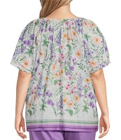 Allison Daley Plus Size Wildflower Border Print Flutter Sleeve Tassel Tie Neck Knit Top
