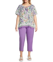 Allison Daley Plus Size Wildflower Border Print Flutter Sleeve Tassel Tie Neck Knit Top
