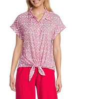 Allison Daley Pomegranate Clip Jacquard Short Sleeve Button Front Cotton Blouse