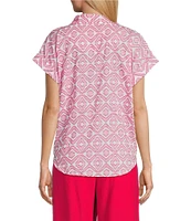 Allison Daley Pomegranate Clip Jacquard Short Sleeve Button Front Cotton Blouse
