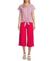 Allison Daley Pomegranate Clip Jacquard Short Sleeve Button Front Cotton Blouse