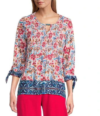 Allison Daley Pomegranate Floral Vine Border 3/4 Tie Sleeve Keyhole Neck Knit Top