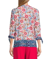 Allison Daley Pomegranate Floral Vine Border 3/4 Tie Sleeve Keyhole Neck Knit Top