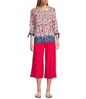 Allison Daley Pomegranate Floral Vine Border 3/4 Tie Sleeve Keyhole Neck Knit Top