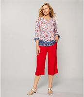 Allison Daley Pomegranate Floral Vine Border 3/4 Tie Sleeve Keyhole Neck Knit Top