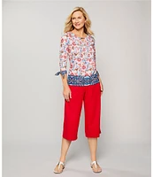 Allison Daley Pomegranate Floral Vine Border 3/4 Tie Sleeve Keyhole Neck Knit Top