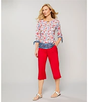 Allison Daley Pomegranate Floral Vine Border 3/4 Tie Sleeve Keyhole Neck Knit Top