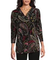 Allison Daley Red Black Paisley Print 3/4 Sleeve V-Neck Pleated Knit Top