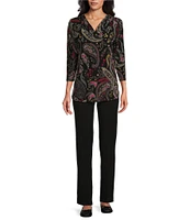 Allison Daley Red Black Paisley Print 3/4 Sleeve V-Neck Pleated Knit Top