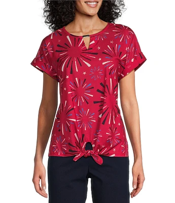 Allison Daley Red Firework Star Print Short Sleeve Keyhole Neckline Knit Top
