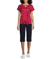Allison Daley Red Firework Star Print Short Sleeve Keyhole Neckline Knit Top