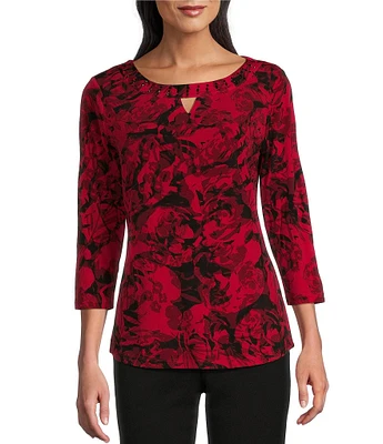 Allison Daley Rose Garden Print 3/4 Sleeve Keyhole Neck Knit Top