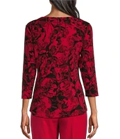 Allison Daley Rose Garden Print 3/4 Sleeve Keyhole Neck Knit Top