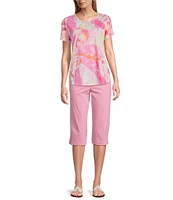 Allison Daley Rose Palm Layers Short Sleeve Crew Neck Knit Top
