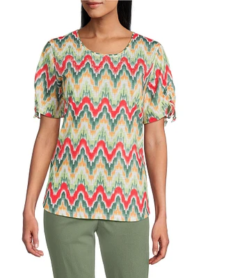 Allison Daley Serrated Ikat Print Short Ruched Tie Sleeve Crew Neck Slub Jersey Knit Top