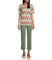 Allison Daley Serrated Ikat Print Short Ruched Tie Sleeve Crew Neck Slub Jersey Knit Top