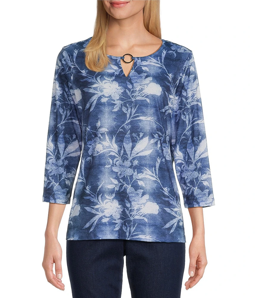 Allison Daley Shadow Floral 3/4 Sleeve Keyhole Neck Knit Top