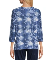 Allison Daley Shadow Floral 3/4 Sleeve Keyhole Neck Knit Top