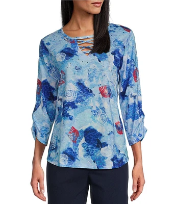Allison Daley Shell Melange Print 3/4 Sleeve Crew Neckline Knit Top