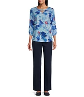 Allison Daley Shell Melange Print 3/4 Sleeve Crew Neckline Knit Top