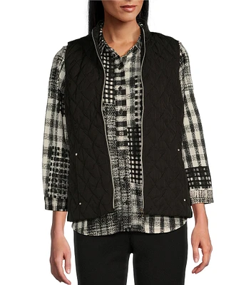 Allison Daley Sleeveless Full Zip Up Embellished Diamond Woven Quilted Vest