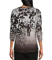 Allison Daley Spots Border Print 3/4 Ruched Sleeve Crisscross Embellished V-Neck Knit Top