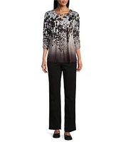 Allison Daley Spots Border Print 3/4 Ruched Sleeve Crisscross Embellished V-Neck Knit Top