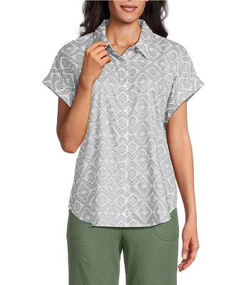 Allison Daley Spring Sage Clip Jacquard Short Sleeve Button Front Cotton Blouse