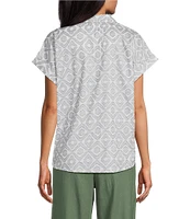 Allison Daley Spring Sage Clip Jacquard Short Sleeve Button Front Cotton Blouse