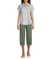 Allison Daley Spring Sage Clip Jacquard Short Sleeve Button Front Cotton Blouse