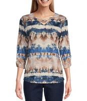 Allison Daley Tie-Dye Stripe Print 3/4 Sleeve Criss Cross V-Neck Knit Top