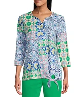 Allison Daley Tile Block Print 3/4 Sleeve Split V-Neck Tie Hem Knit Top