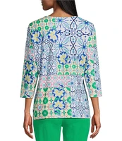 Allison Daley Tile Block Print 3/4 Sleeve Split V-Neck Tie Hem Knit Top