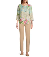Allison Daley Town Country Border Print 3/4 Sleeve Crew Neck Knit Top