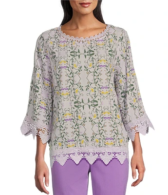 Allison Daley Trellis Floral Print 3/4 Sleeve Crew Neck Lace Detail Blouse
