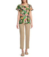 Allison Daley Tropical Fruit Print Short Ruffle Sleeve Crew Neck Knit Top