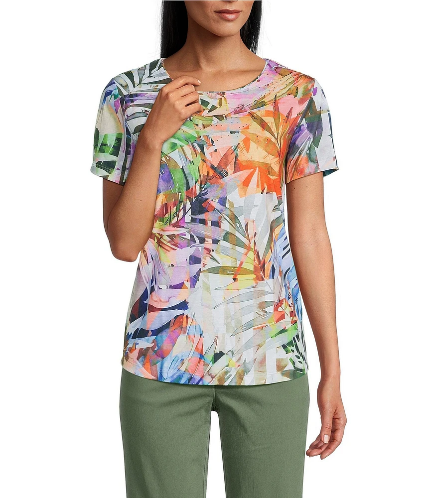 Allison Daley Tropical Melange Print Short Sleeve Crew Neck Knit Top
