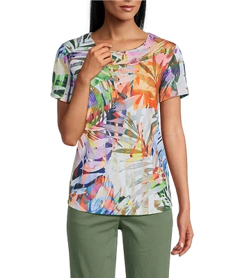 Allison Daley Tropical Melange Print Short Sleeve Crew Neck Knit Top