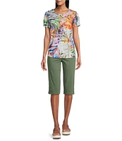 Allison Daley Tropical Melange Print Short Sleeve Crew Neck Knit Top