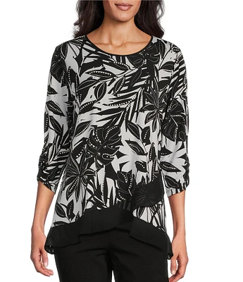 Allison Daley Tropical Shadow Print 3/4 Ruched Sleeve Crew Neck Ruffle Hem Knit Top