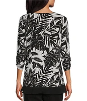 Allison Daley Tropical Shadow Print 3/4 Ruched Sleeve Crew Neck Ruffle Hem Knit Top