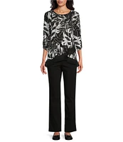 Allison Daley Tropical Shadow Print 3/4 Ruched Sleeve Crew Neck Ruffle Hem Knit Top