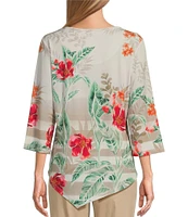 Allison Daley Tropical Stripe Print 3/4 Sleeve Crew Neck Asymmetric Hem Embellished Knit Top