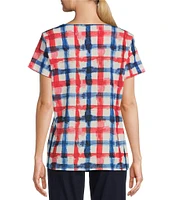 Allison Daley Watercolor Plaid Short Sleeve Keyhole Neck Tie Hem Gauze Knit Top