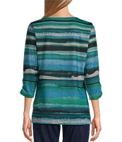 Allison Daley Watercolor Stripe Print Embellished 3/4 Ruched Sleeve Crew Neck Abstract Tee Shirt