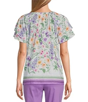 Allison Daley Wildflower Border Print Flutter Sleeve Tassel Tie Neck Knit Top